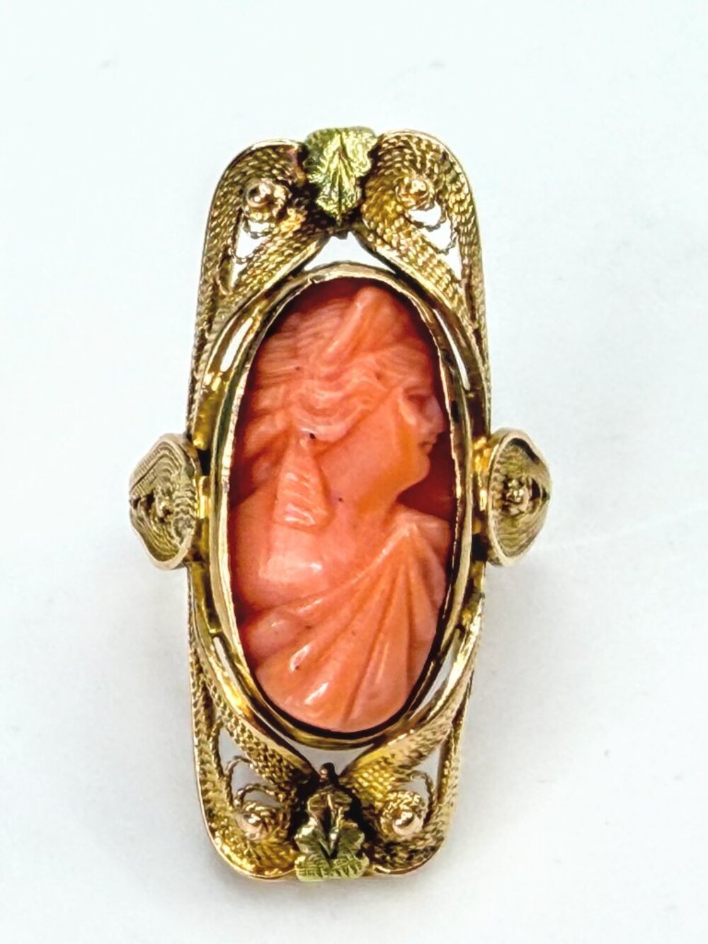 Antique Art Nouveau Hand Carved Coral Cameo Ornate Filigree Ring Size 4.5 JR1987
